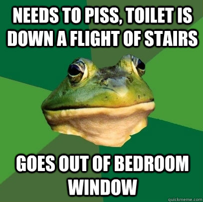 needs to piss toilet is down a flight of stairs goes out of - Foul Bachelor Frog