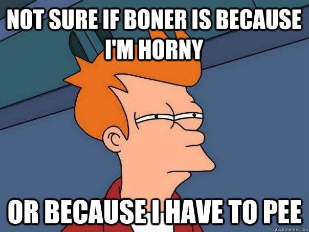 not sure if boner is because im horny or because i have to - Futurama Fry