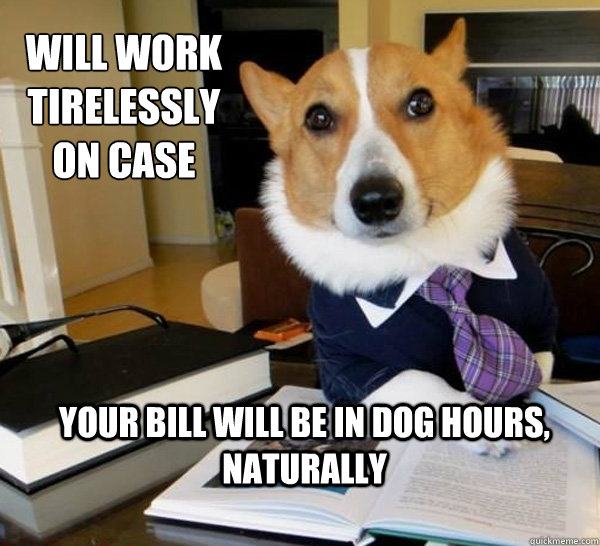 will work tirelessly on case your bill will be in dog hours - Lawyer Dog