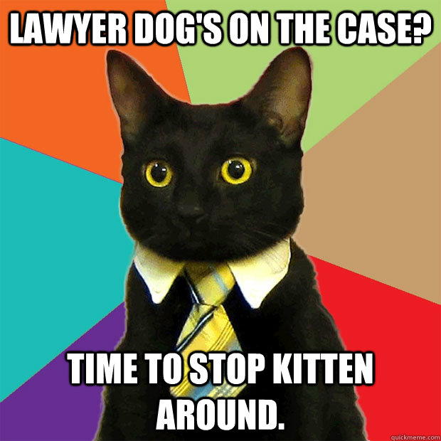 lawyer dogs on the case time to stop kitten around - Business Cat