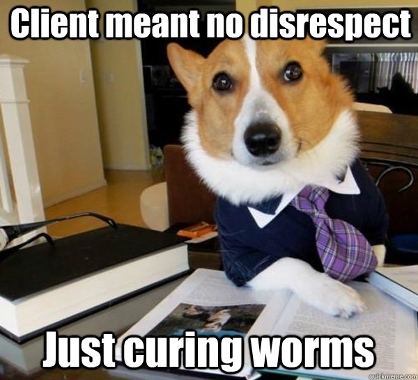 client meant no disrespect just curing worms - Lawyer Dog