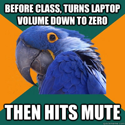 before class turns laptop volume down to zero then hits mut - Paranoid Parrot