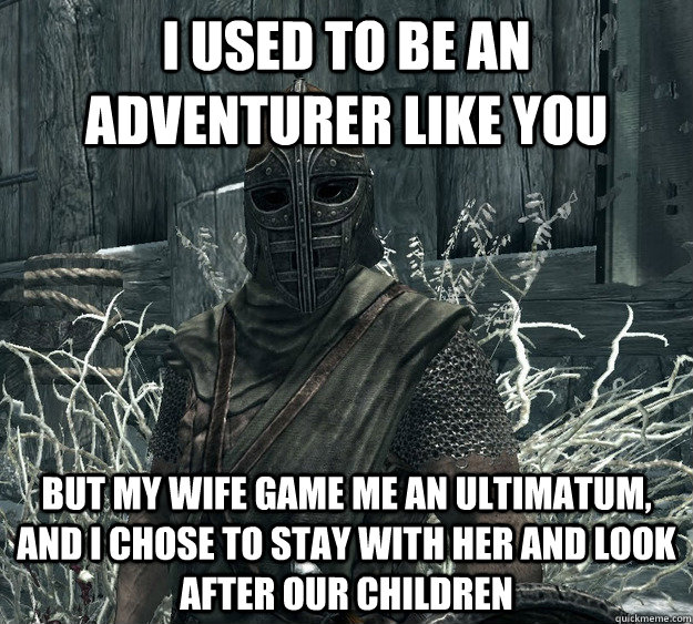 i used to be an adventurer like you but my wife game me an u - Rational Skyrim Guard