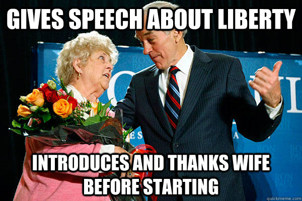 gives speech about liberty introduces and thanks wife before - revolutionary ron
