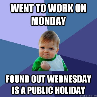 went to work on monday found out wednesday is a public holid - Success Kid