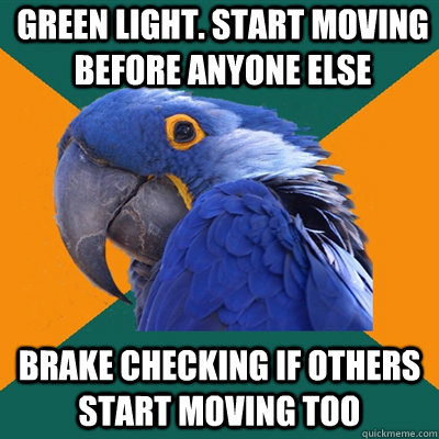 green light start moving before anyone else brake checking - Paranoid Parrot