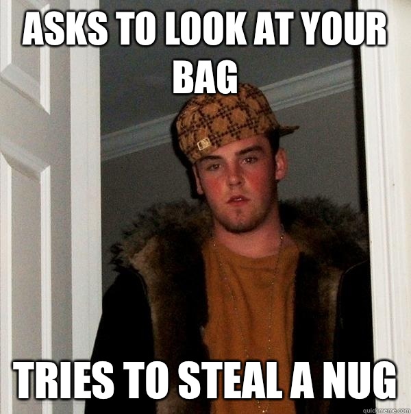 Asks to look at your bag Tries to steal a nug - Scumbag Steve