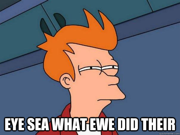 eye sea what ewe did their - Futurama Fry