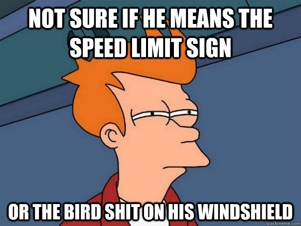 not sure if he means the speed limit sign or the bird shit o - Futurama Fry