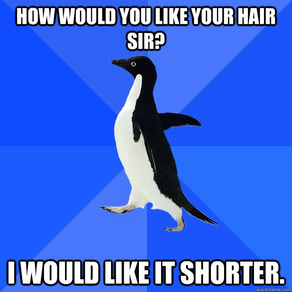 how would you like your hair sir i would like it shorter - Socially Awkward Penguin