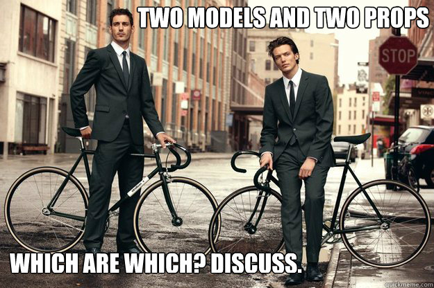 two models and two props which are which discuss - Not Waiting for the Weekend-Riding Bikes