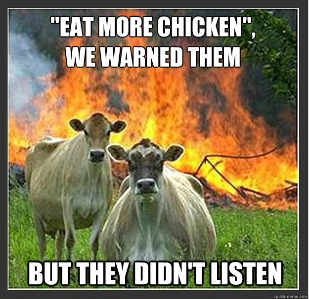 eat more chicken we warned them but they didnt listen - Evil cows