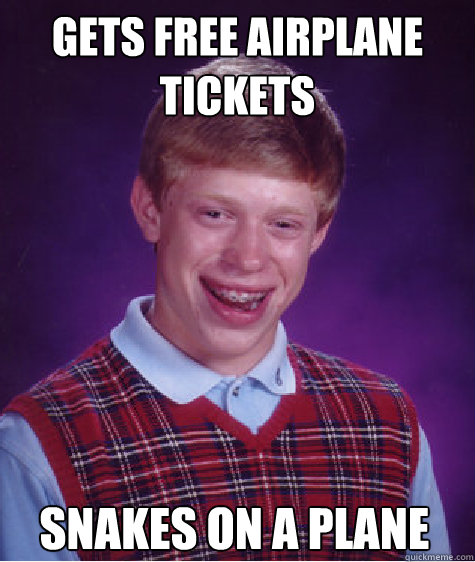 gets free airplane tickets snakes on a plane - Bad Luck Brian