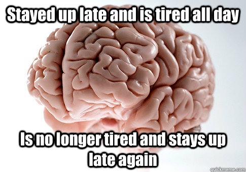 stayed up late and is tired all day is no longer tired and - Scumbag Brain