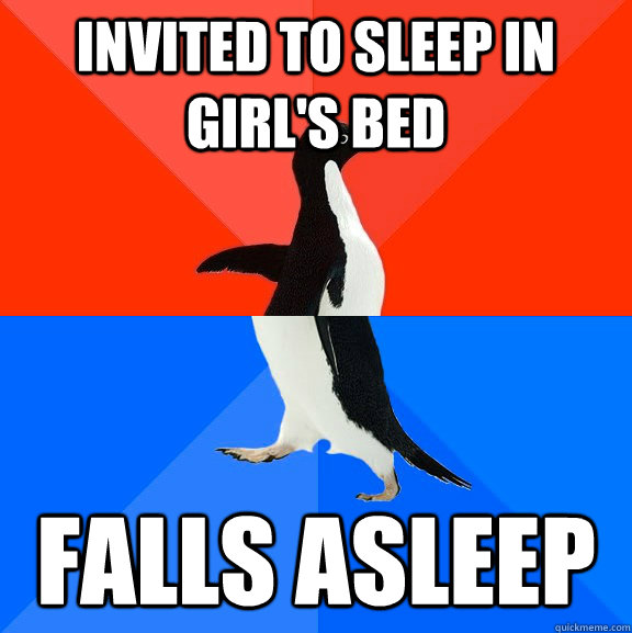 invited to sleep in girls bed falls asleep - Socially Awesome Awkward Penguin