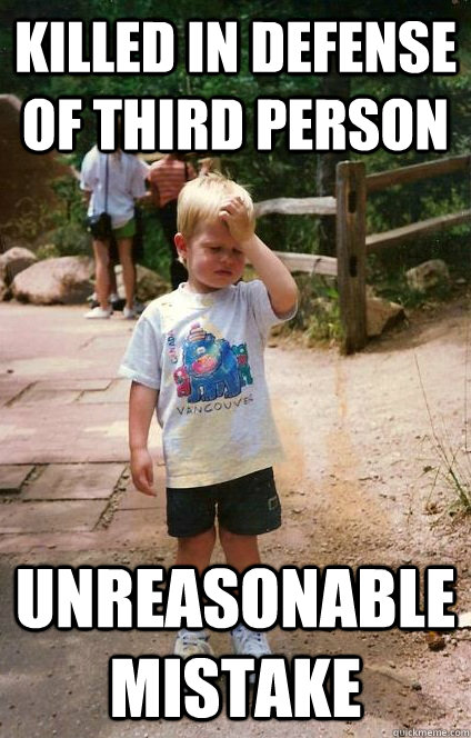 killed in defense of third person unreasonable mistake - Regretful Toddler