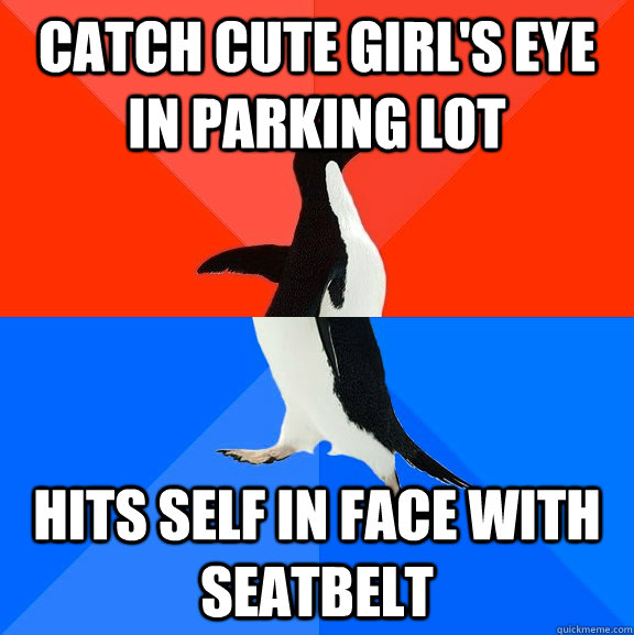 catch cute girls eye in parking lot hits self in face with - Socially Awesome Awkward Penguin