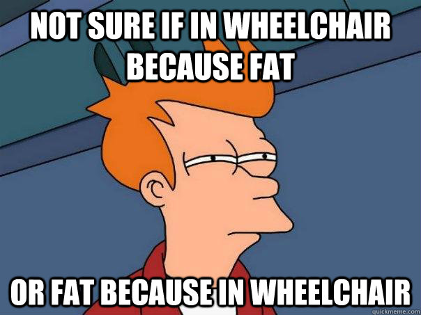 not sure if in wheelchair because fat or fat because in whee - Futurama Fry