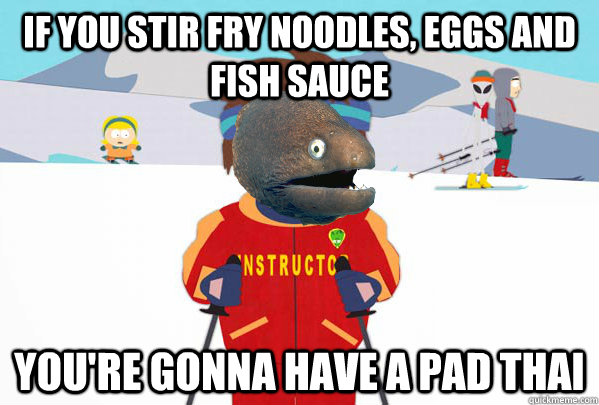 if you stir fry noodles eggs and fish sauce youre gonna ha - Bad Joke Ski Instructor Eel
