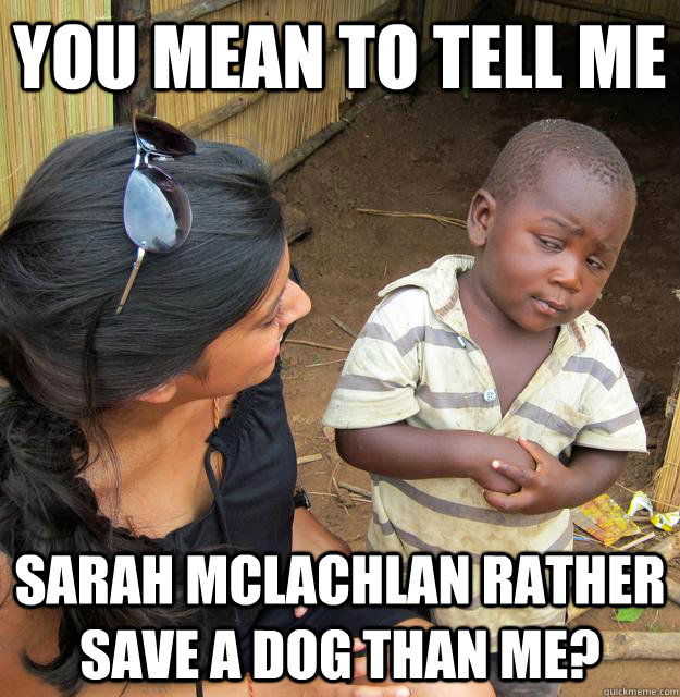you mean to tell me sarah mclachlan rather save a dog than m - Skeptical Third World Kid