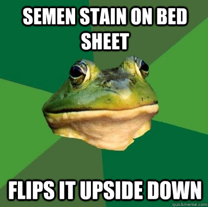 semen stain on bed sheet flips it upside down - Foul Bachelor Frog