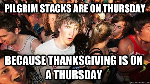 pilgrim stacks are on thursday because thanksgiving is on a - Sudden Clarity Clarence