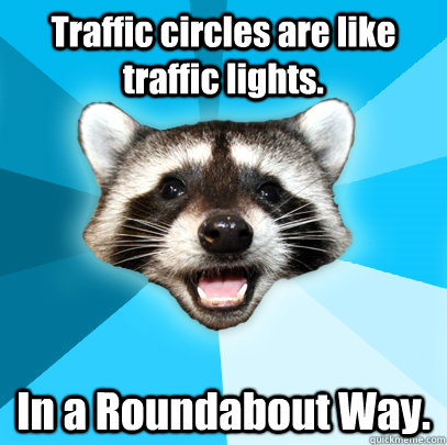 traffic circles are like traffic lights in a roundabout way - Lame Pun Coon