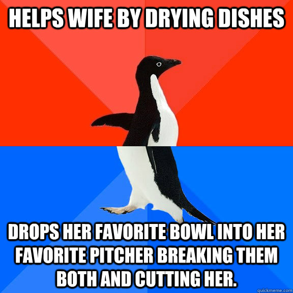 helps wife by drying dishes drops her favorite bowl into her - Socially Awesome Awkward Penguin