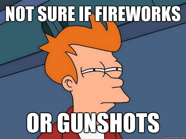 not sure if fireworks or gunshots - Futurama Fry