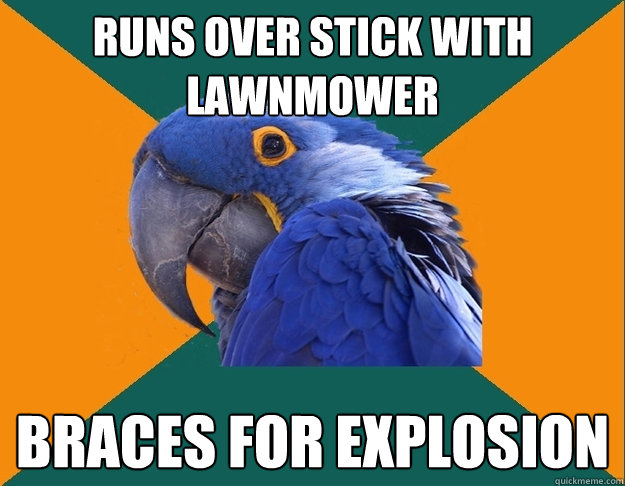 runs over stick with lawnmower braces for explosion - Paranoid Parrot