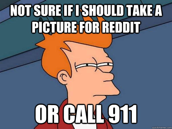 not sure if i should take a picture for reddit or call 911 - Futurama Fry