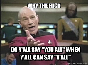 why the fuck do yall say you all when yall can say yal - Annoyed Picard