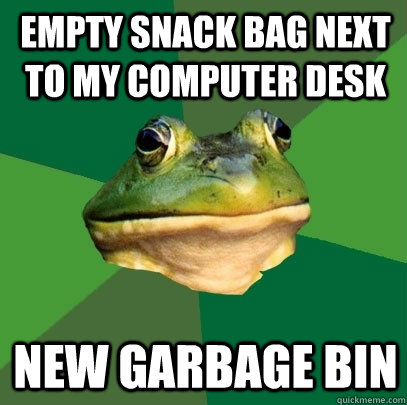 empty snack bag next to my computer desk new garbage bin - Foul Bachelor Frog