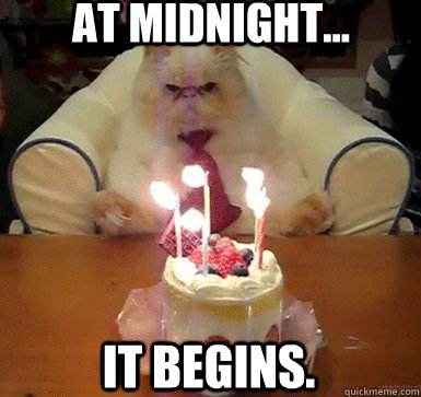 at midnight it begins - Cake Day Cat