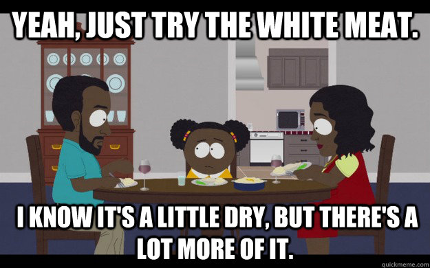 yeah just try the white meat i know its a little dry b - South Park Racism