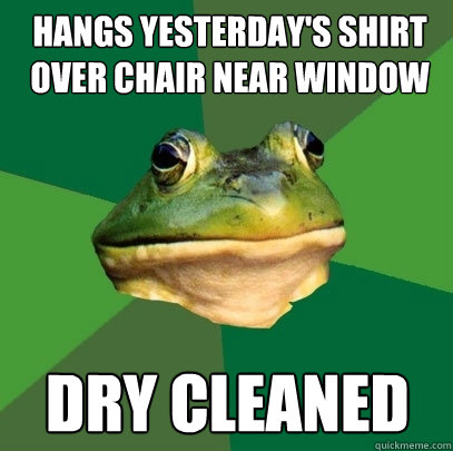 hangs yesterdays shirt over chair near window dry cleaned - Foul Bachelor Frog