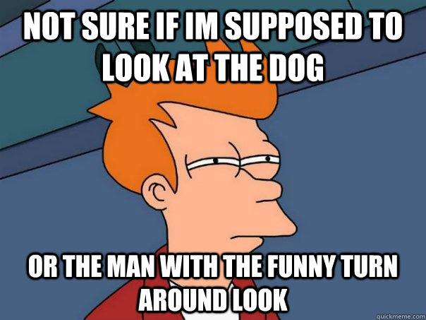 not sure if im supposed to look at the dog or the man with t - Futurama Fry