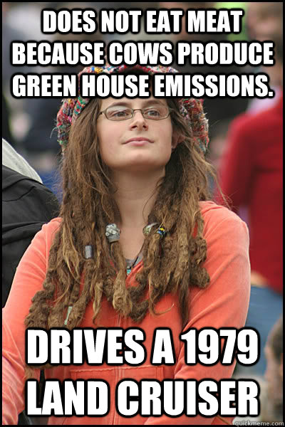 does not eat meat because cows produce green house emissions - College Liberal
