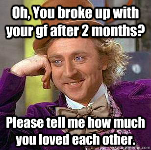 oh you broke up with your gf after 2 months please tell me - Condescending Wonka