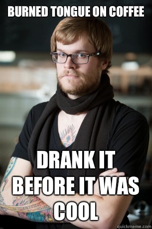 Burned tongue on coffee smokes cigarette - Hipster Barista