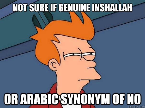 not sure if genuine inshallah or arabic synonym of no - Futurama Fry