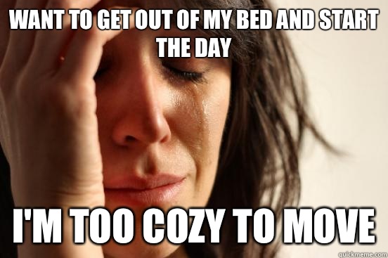 Want to get out of my bed and start the day Im too cozy to m - First World Problems