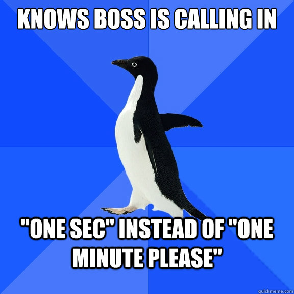 knows boss is calling in one sec instead of one minute pl - Socially Awkward Penguin