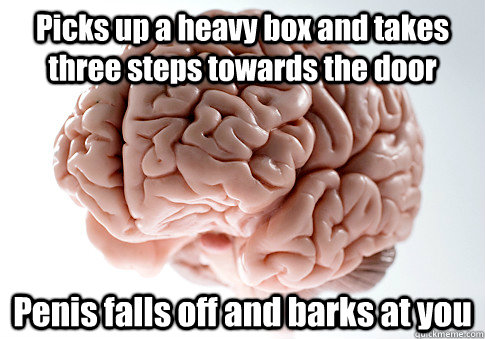 picks up a heavy box and takes three steps towards the door - Scumbag Brain