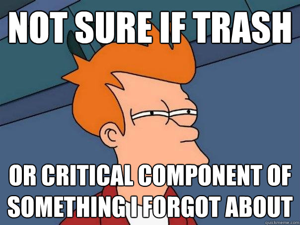 not sure if trash or critical component of something i forgo - Futurama Fry