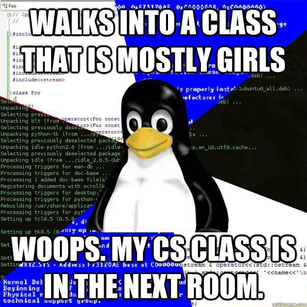 walks into a class that is mostly girls woops my cs class i - Computer Science Penguin
