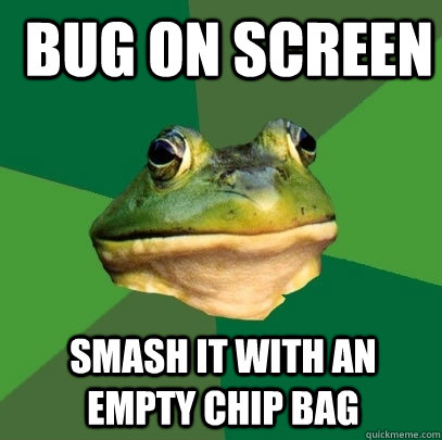 bug on screen smash it with an empty chip bag - Foul Bachelor Frog