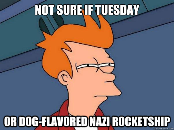 not sure if tuesday or dogflavored nazi rocketship - Futurama Fry