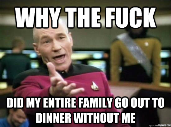 why the fuck did my entire family go out to dinner without m - why the fuck picard