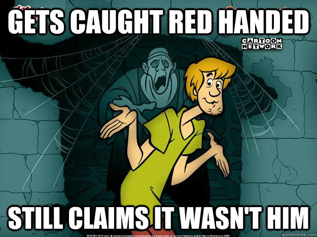 gets caught red handed still claims it wasnt him - Irrational Shaggy